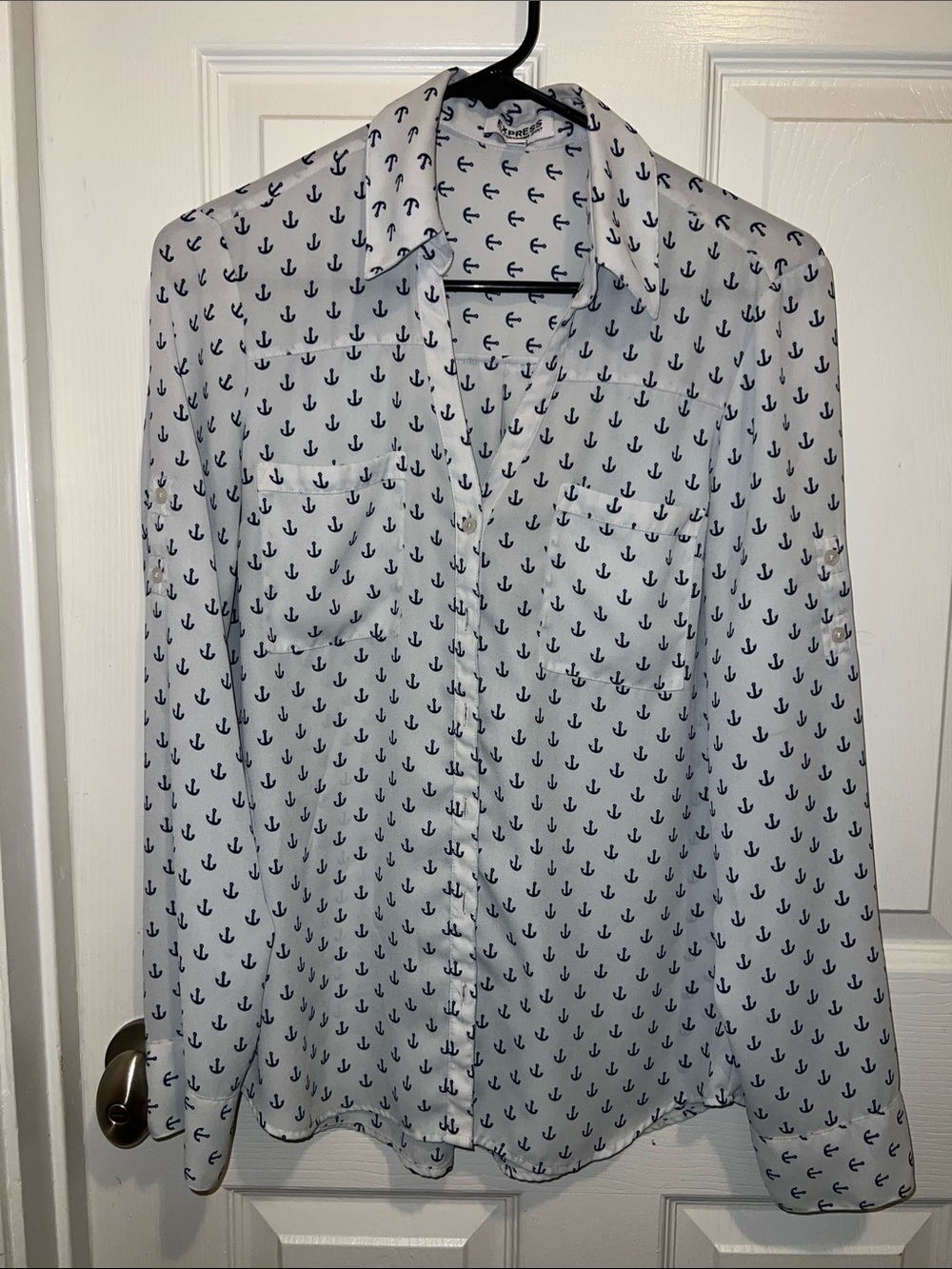 Express White Button-Down Shirt with Navy Anchor Print
